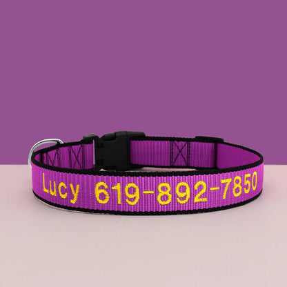 Custom Dog Collar with Embroidered Name - Adjustable Nylon Pet ID Purple