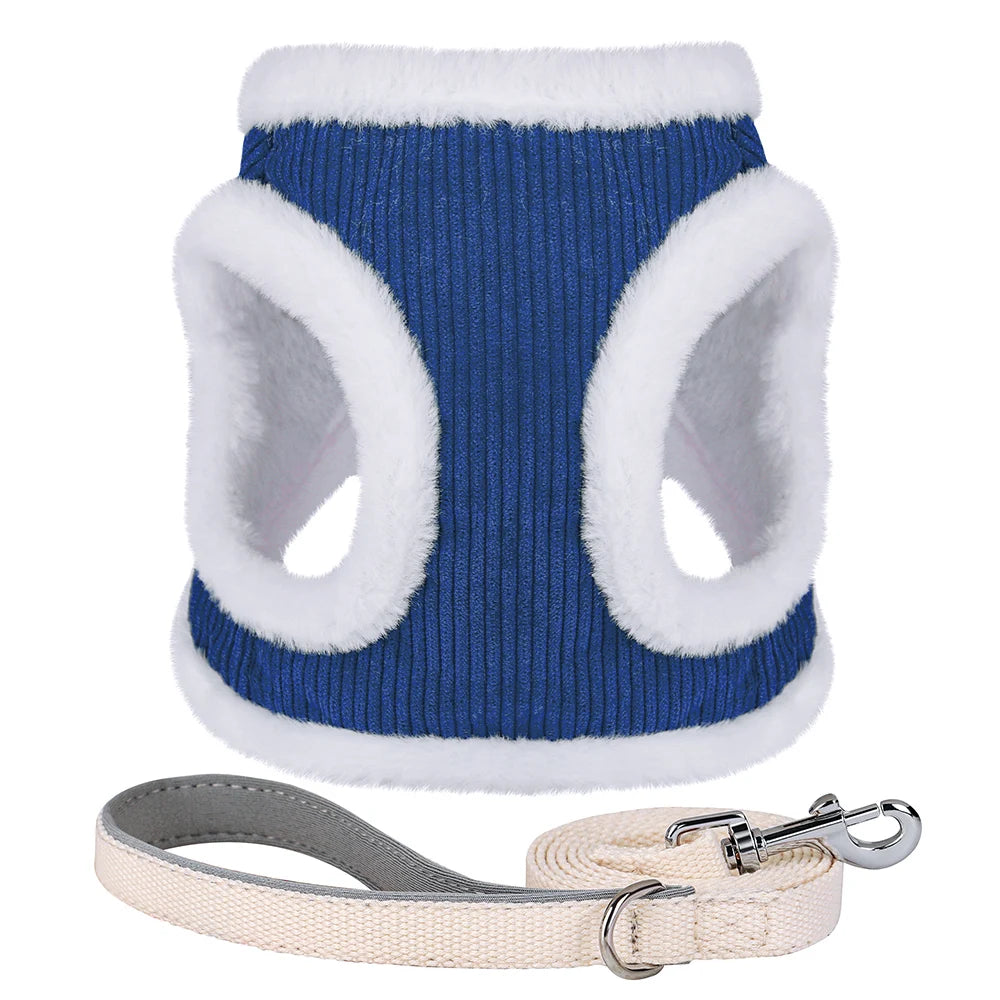 Winter Dog Harness Leash Set - Soft Plush Vest for Small Dogs Blue
