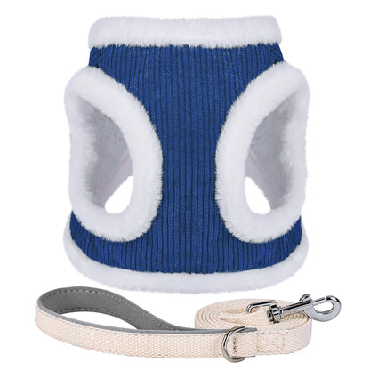 Winter Dog Harness Leash Set - Soft Plush Vest for Small Dogs Blue