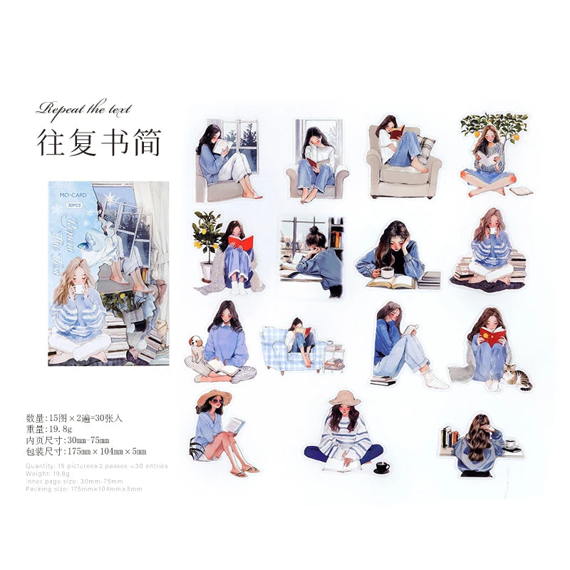 Reading Girl Stickers 30pcs - Aesthetic Book Lover Sticker Pack D