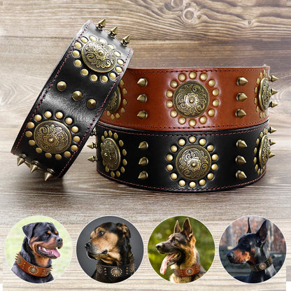 2 Inch Wide Spiked Leather Dog Collar for Large Dogs