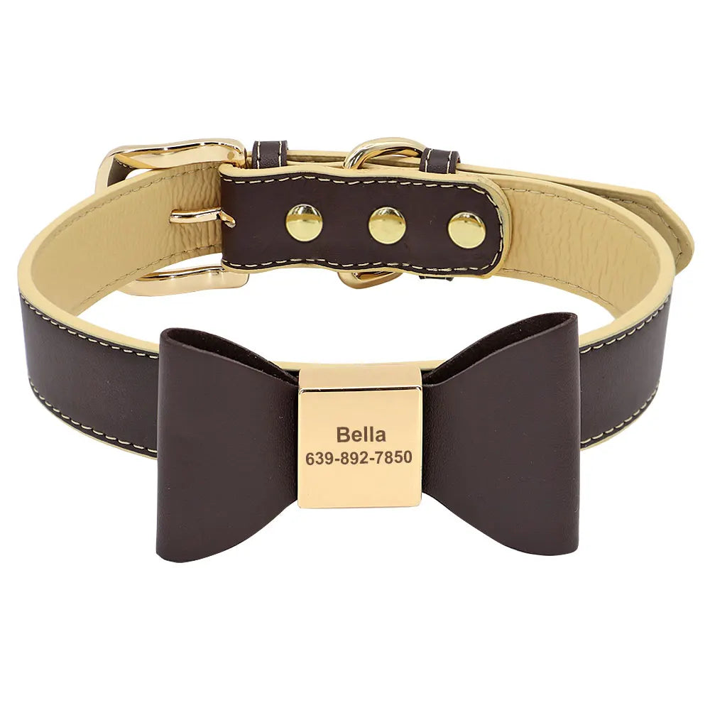 Personalized Dog Collar with Bowknot - Custom Engraved PU Leather Dark Brown
