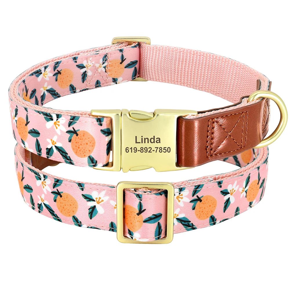 Custom Engraved Dog Collar - Personalized Flower Print Pet ID Collar Orange