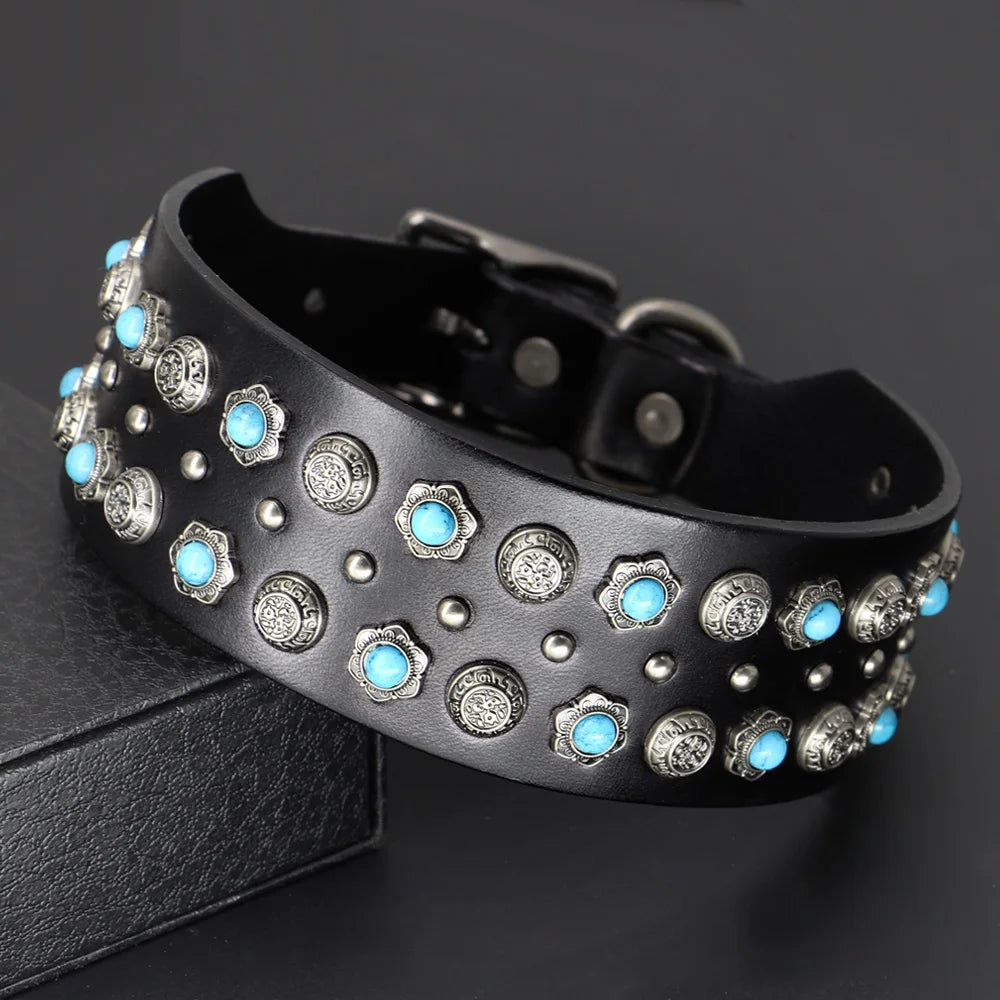 Luxury Leather Dog Collar 2 Inch Wide Diamond Spike - Large Dogs