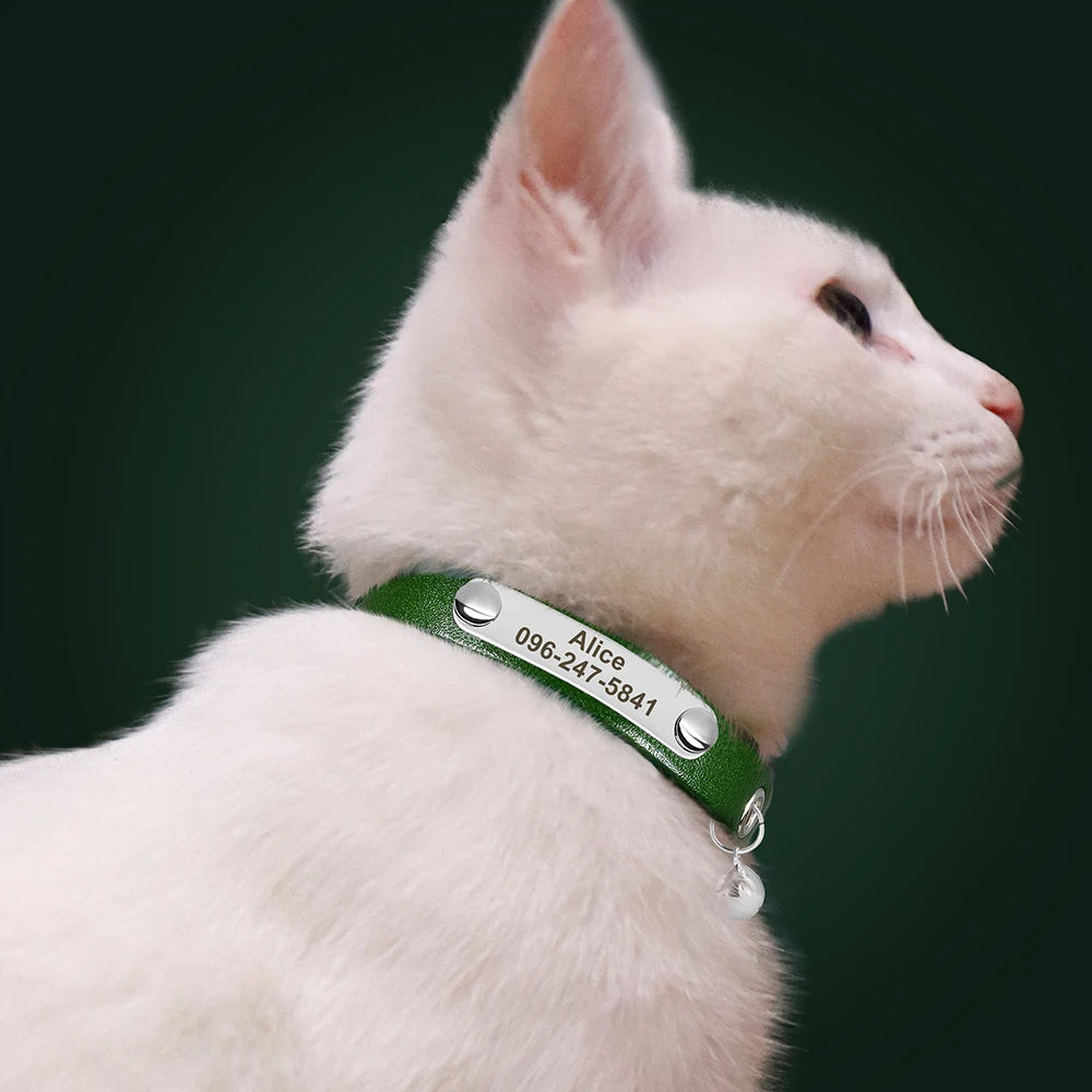Personalized Leather Cat Collar with Bell - Custom Engraved Pet ID