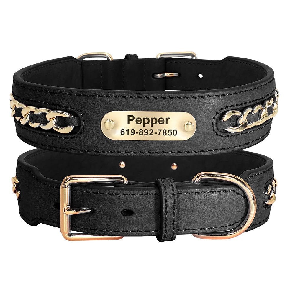 Personalized Leather Dog Collar with Name Tag - Custom ID Collar Black