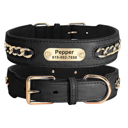 Personalized Leather Dog Collar with Name Tag - Custom ID Collar Black