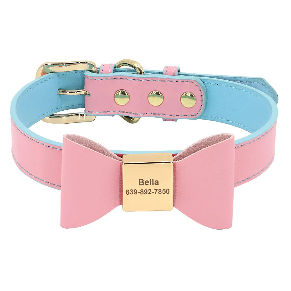 Personalized Dog Collar with Bowknot - Custom Engraved PU Leather Pink