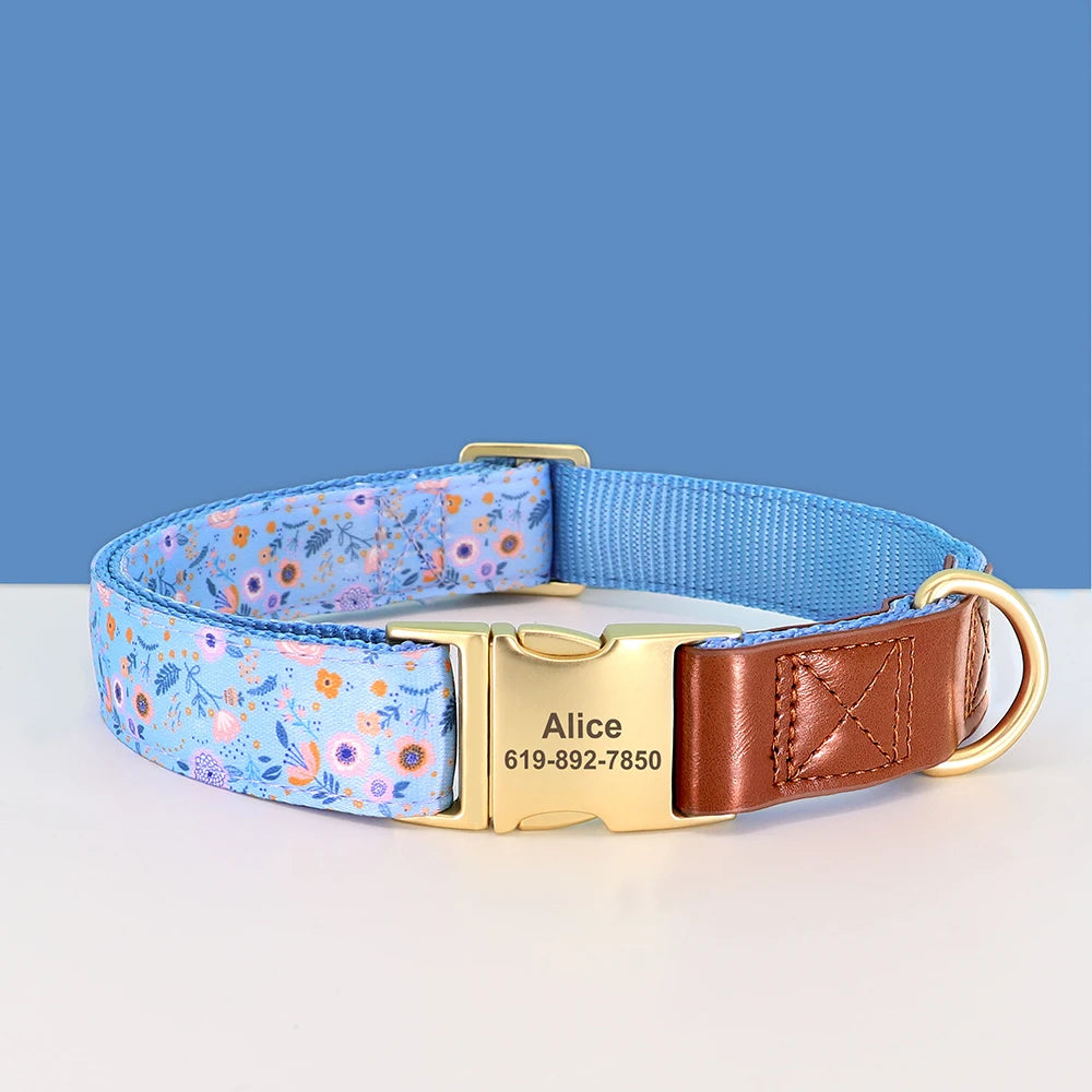 Custom Engraved Dog Collar - Personalized Flower Print Pet ID Collar