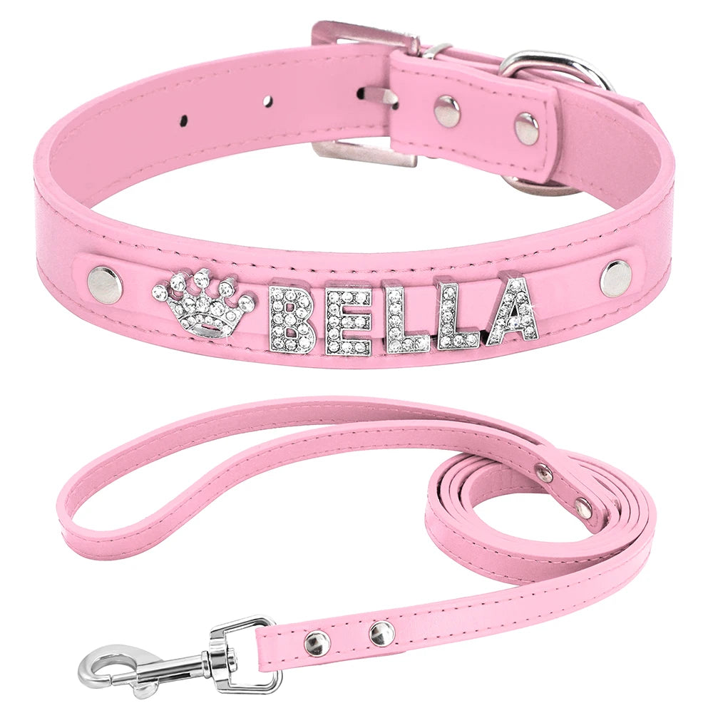 Personalized Dog Collar and Leash Set with Rhinestone Charm - Custom Pet Collar for Small to Large Dogs Pink