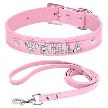 Personalized Dog Collar and Leash Set with Rhinestone Charm - Custom Pet Collar for Small to Large Dogs Pink