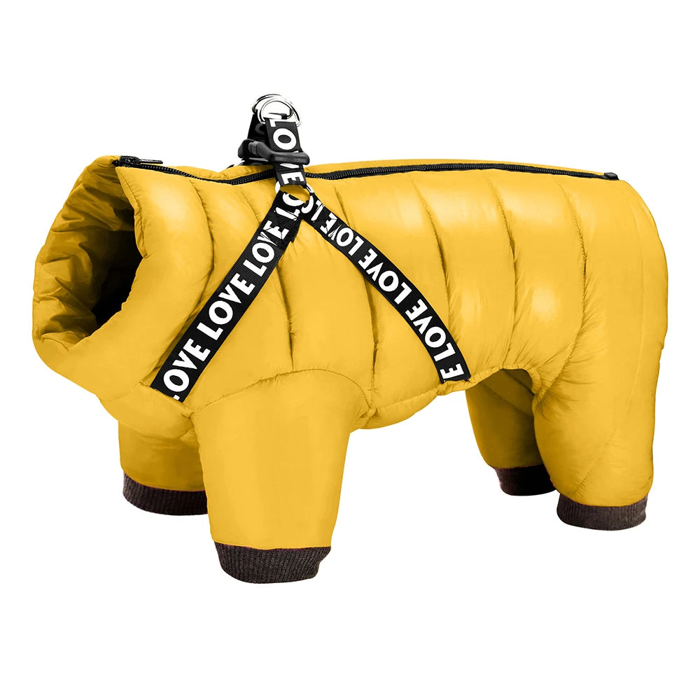 Warm Winter Dog Coat with Harness - Thick Cotton Down Jacket Yellow