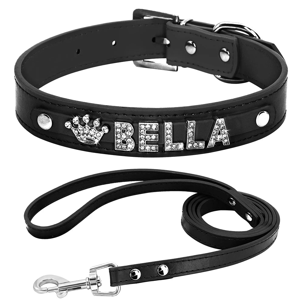 Personalized Dog Collar and Leash Set with Rhinestone Charm - Custom Pet Collar for Small to Large Dogs Black