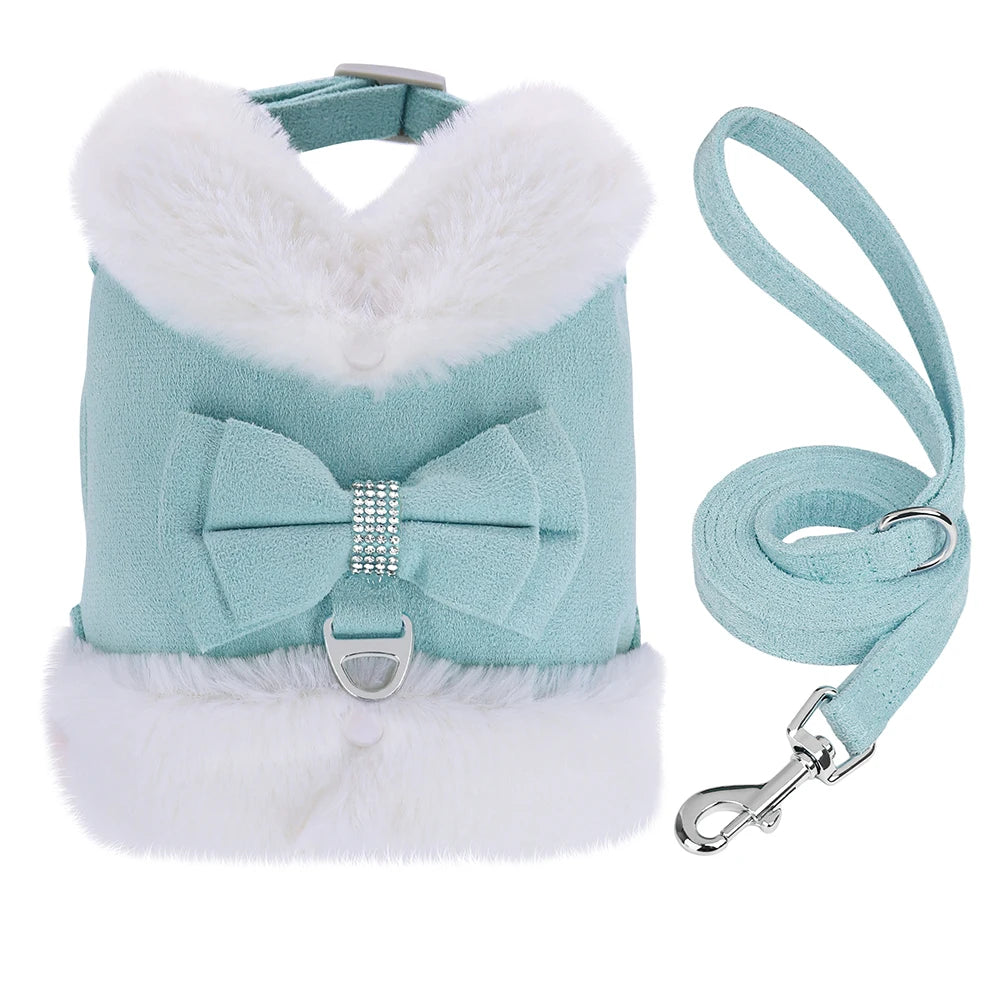 Winter Dog Harness Set - Warm Fur Vest with Bowknot & Leash Blue