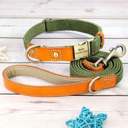 Custom Dog Collar Leash Set Personalized Pet ID Nylon Leather Green set