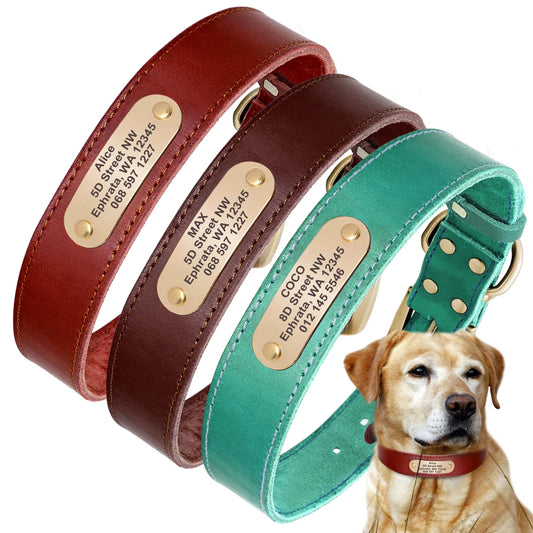 Personalized Leather Dog Collar with Custom Engraved ID Tag