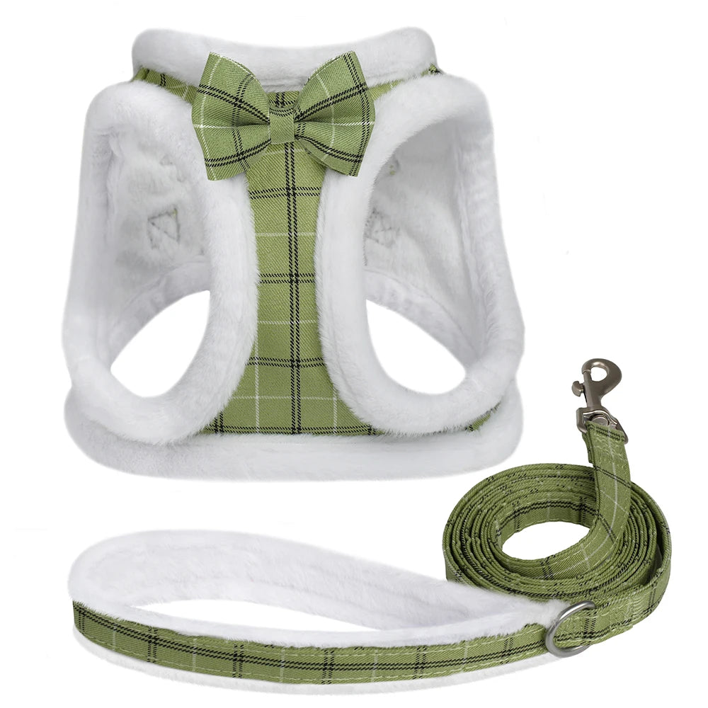 Winter Dog Harness & Leash Set - Warm Fur Vest with Bowknot green