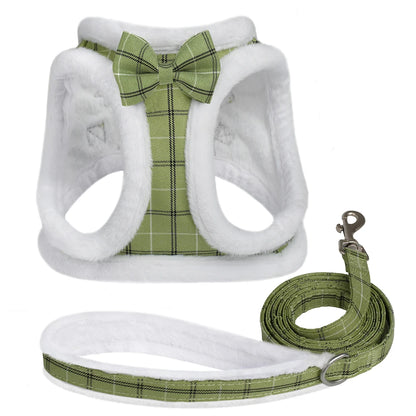 Winter Dog Harness & Leash Set - Warm Fur Vest with Bowknot green