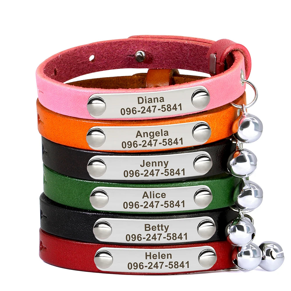Personalized Leather Cat Collar with Bell - Custom Engraved Pet ID