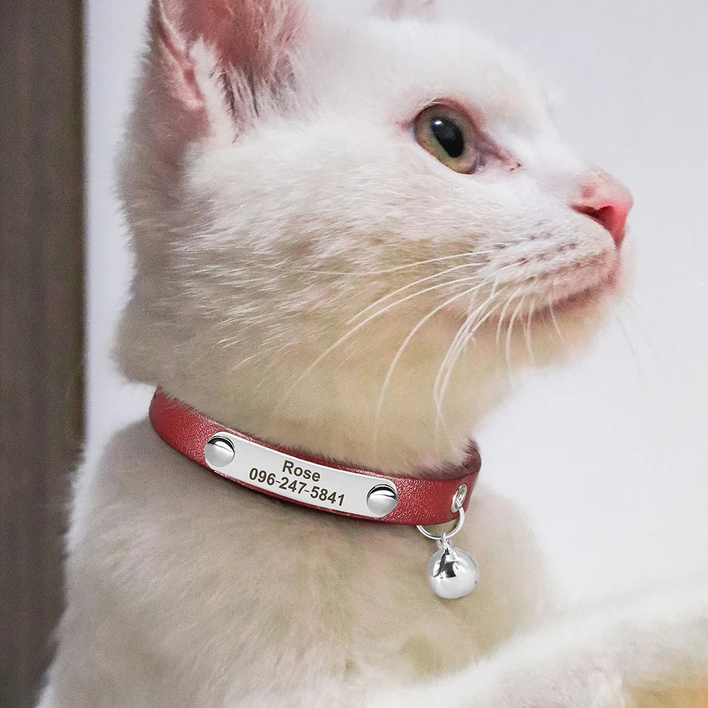 Personalized Leather Cat Collar with Bell - Custom Engraved Pet ID