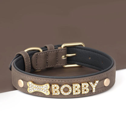 Personalized Soft Dog Collar with Free Rhinestone Charm Coffee