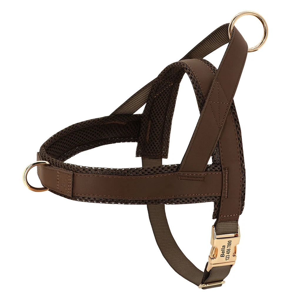 Custom Leather Dog Harness - Personalized No Pull Vest S-XL Brown