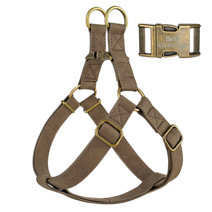 Personalized Dog Harness - Custom Engraved PU Leather Vest Coffee