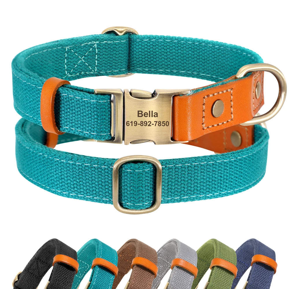 Custom Dog Collar with ID Tag - Personalized Nylon PU Leather Blue