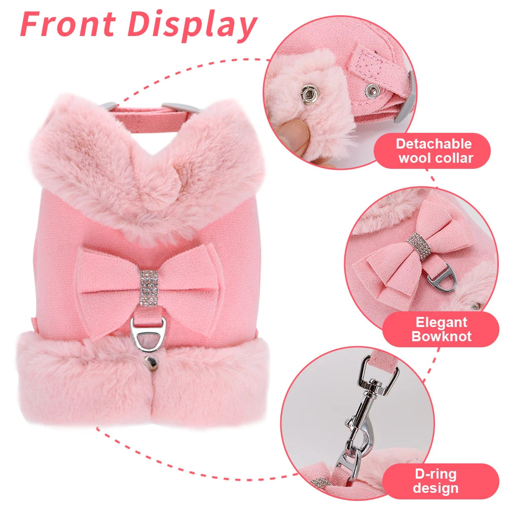 Winter Dog Harness Set - Warm Fur Vest with Bowknot & Leash