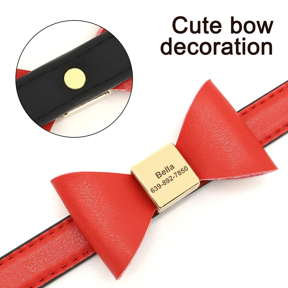 Personalized Dog Collar with Bowknot - Custom Engraved PU Leather