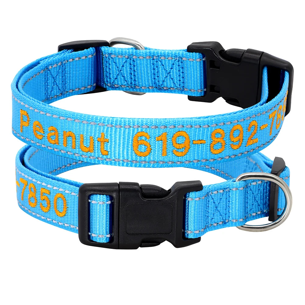 Personalized Reflective Dog Collar - Custom Embroidered Name & Phone 21-1 Light Blue