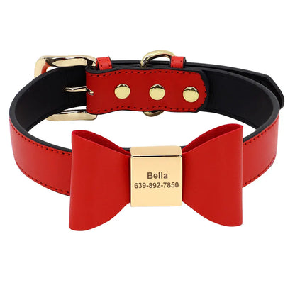 Personalized Dog Collar with Bowknot - Custom Engraved PU Leather Red