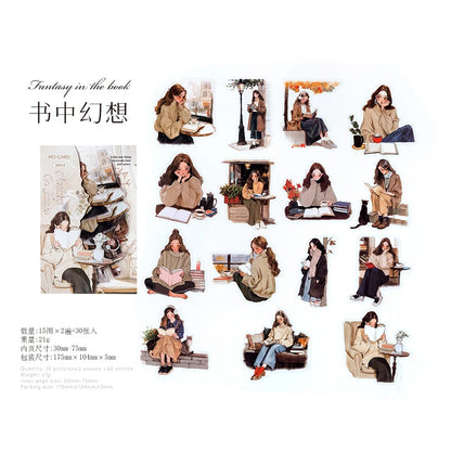 Reading Girl Stickers 30pcs - Aesthetic Book Lover Sticker Pack E