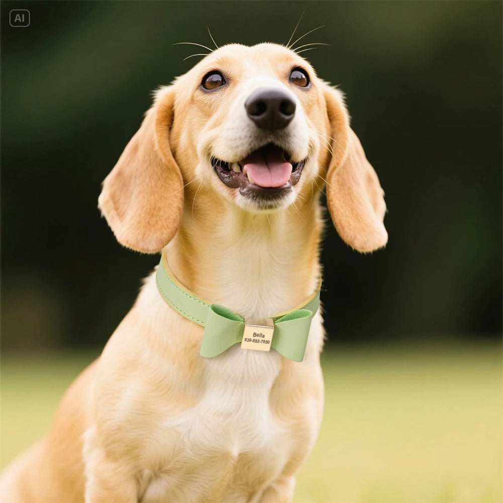 Personalized Dog Collar with Bowknot - Custom Engraved PU Leather