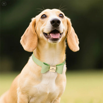 Personalized Dog Collar with Bowknot - Custom Engraved PU Leather