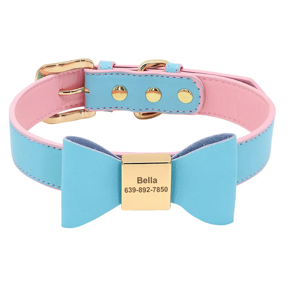 Personalized Dog Collar with Bowknot - Custom Engraved PU Leather Blue