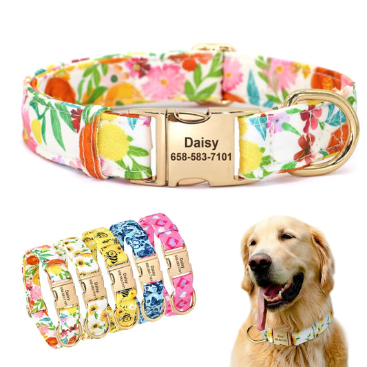 Custom Floral Dog Collar with Free Nameplate - Personalized Pet ID