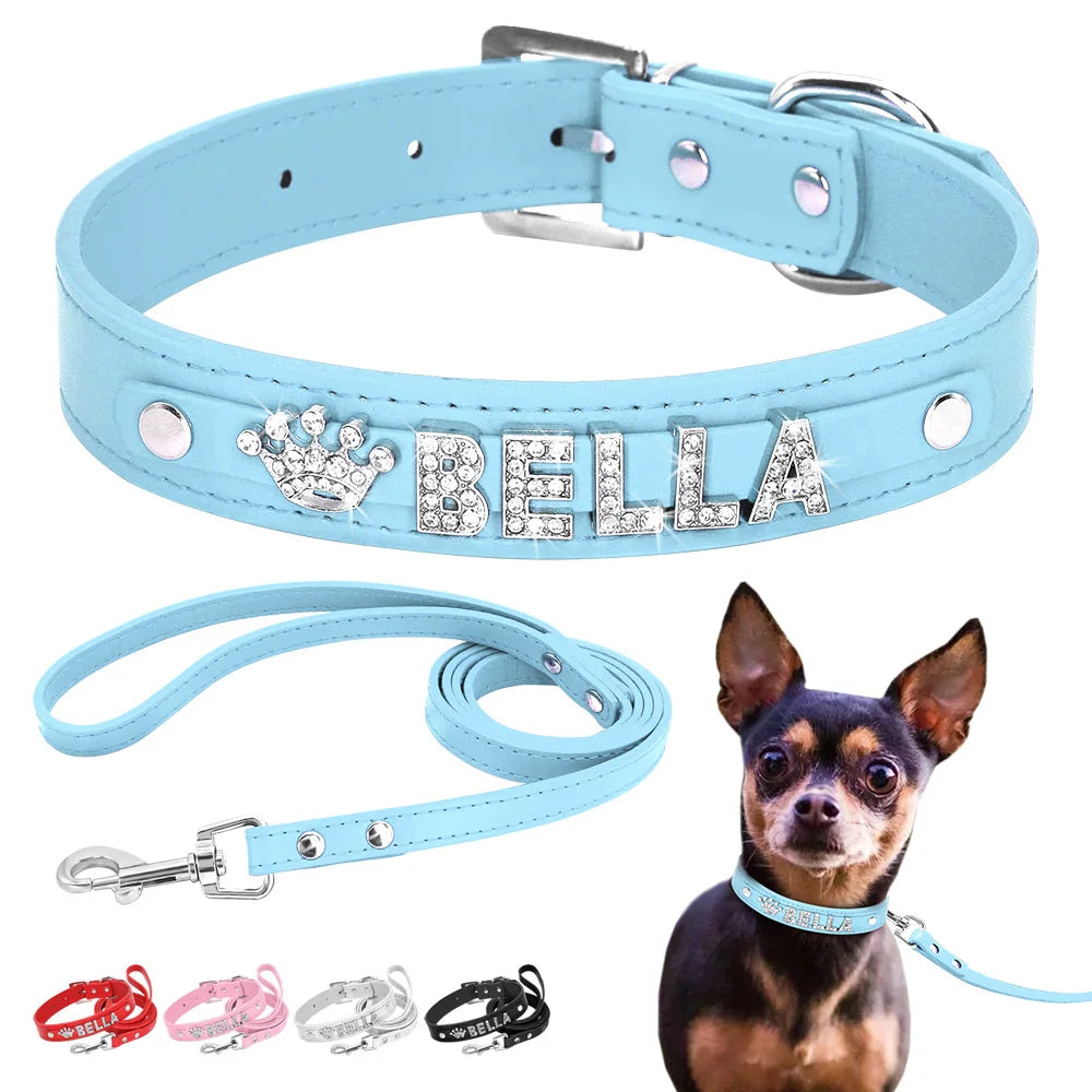 Personalized Dog Collar and Leash Set with Rhinestone Charm - Custom Pet Collar for Small to Large Dogs