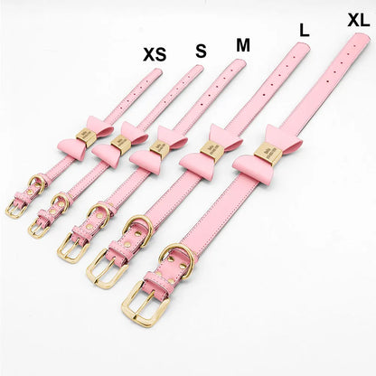 Personalized Dog Collar with Bowknot - Custom Engraved PU Leather