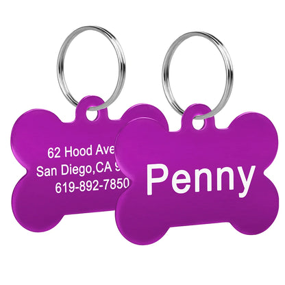 Bone Shaped Dog ID Tag - Custom Engraved Pet Name Aluminum Purple
