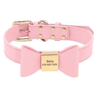 Personalized Dog Collar with Bowknot - Custom Engraved PU Leather