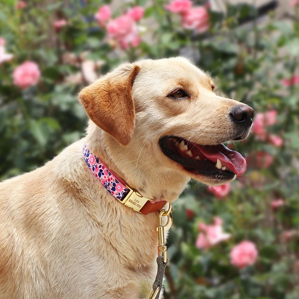 Custom Engraved Dog Collar - Personalized Flower Print Pet ID Collar