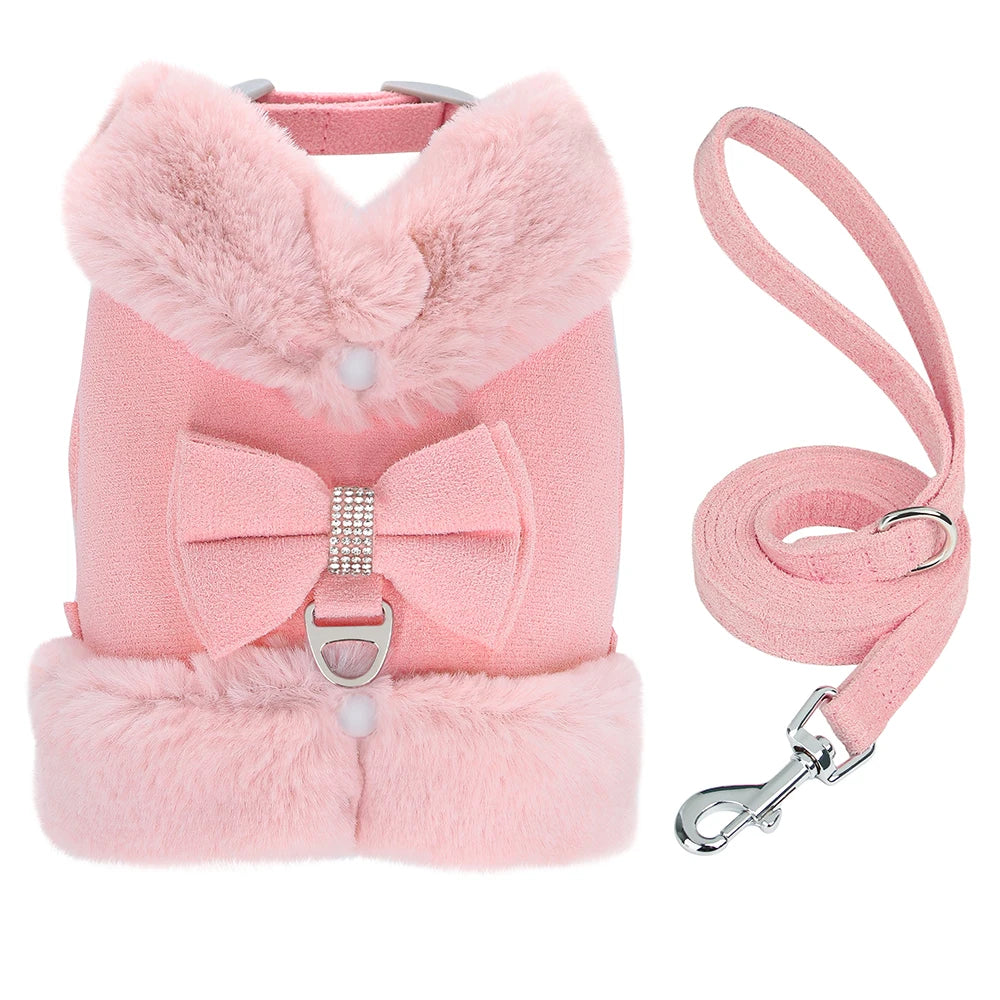 Winter Dog Harness Set - Warm Fur Vest with Bowknot & Leash Pink
