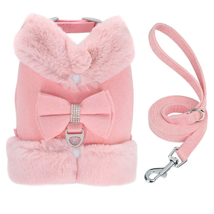Winter Dog Harness Set - Warm Fur Vest with Bowknot & Leash Pink