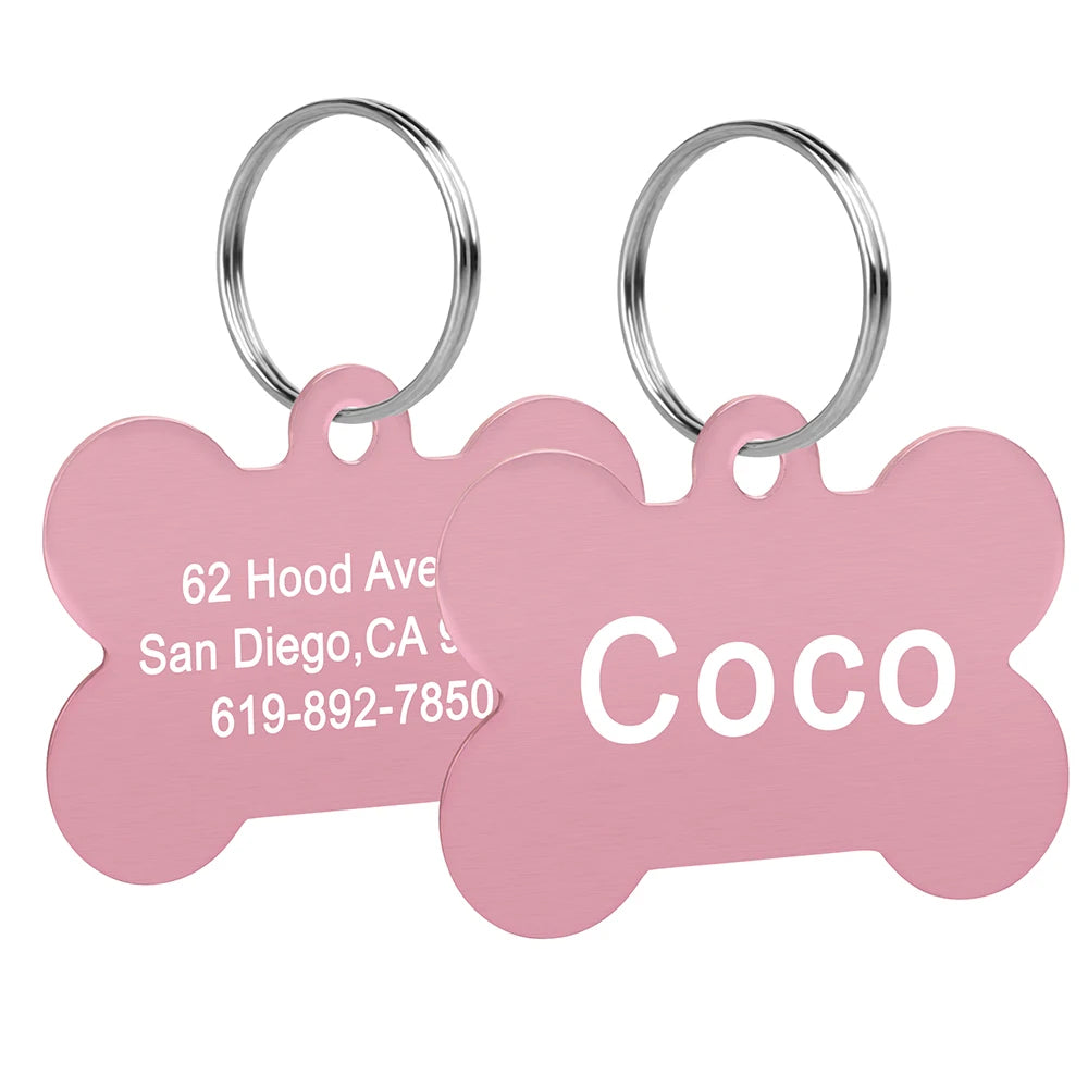Bone Shaped Dog ID Tag - Custom Engraved Pet Name Aluminum Pink