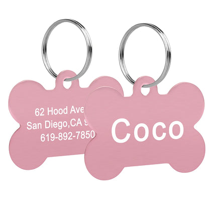 Bone Shaped Dog ID Tag - Custom Engraved Pet Name Aluminum Pink
