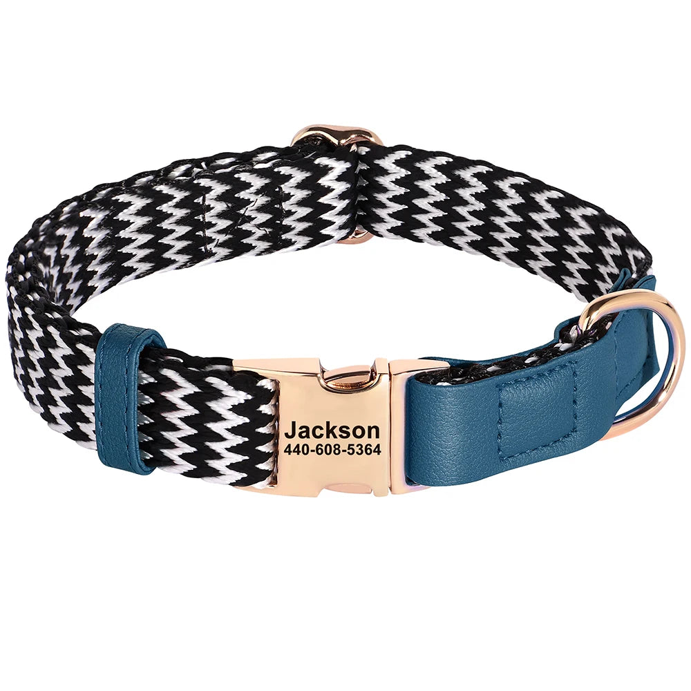 Custom Dog Collar with ID Tag - Personalized Nylon Leather Pet 476 Blue
