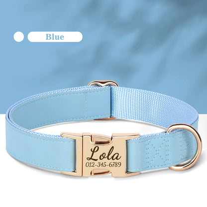Custom Engraved Dog Collar - Personalized PU Leather Pet ID Collar Blue