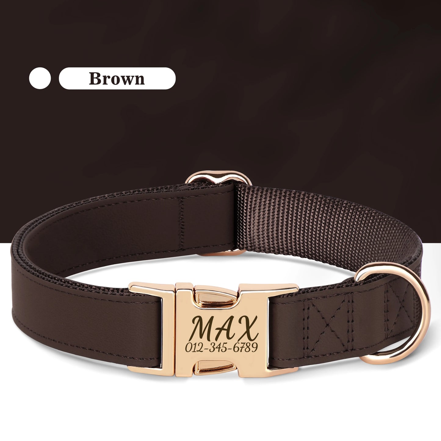 Custom Engraved Dog Collar - Personalized PU Leather Pet ID Collar Brown