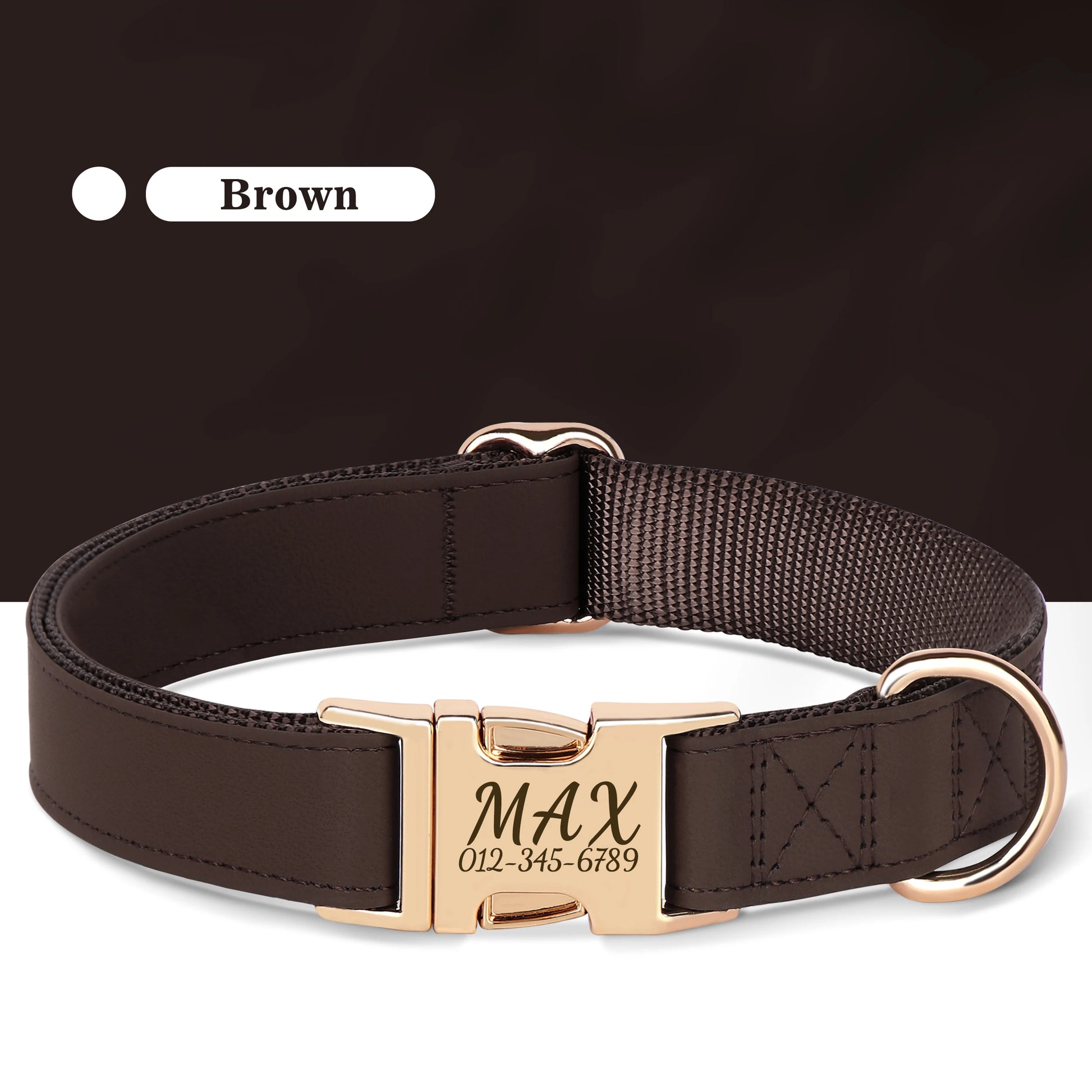 Custom Engraved Dog Collar - Personalized PU Leather Pet ID Collar Brown
